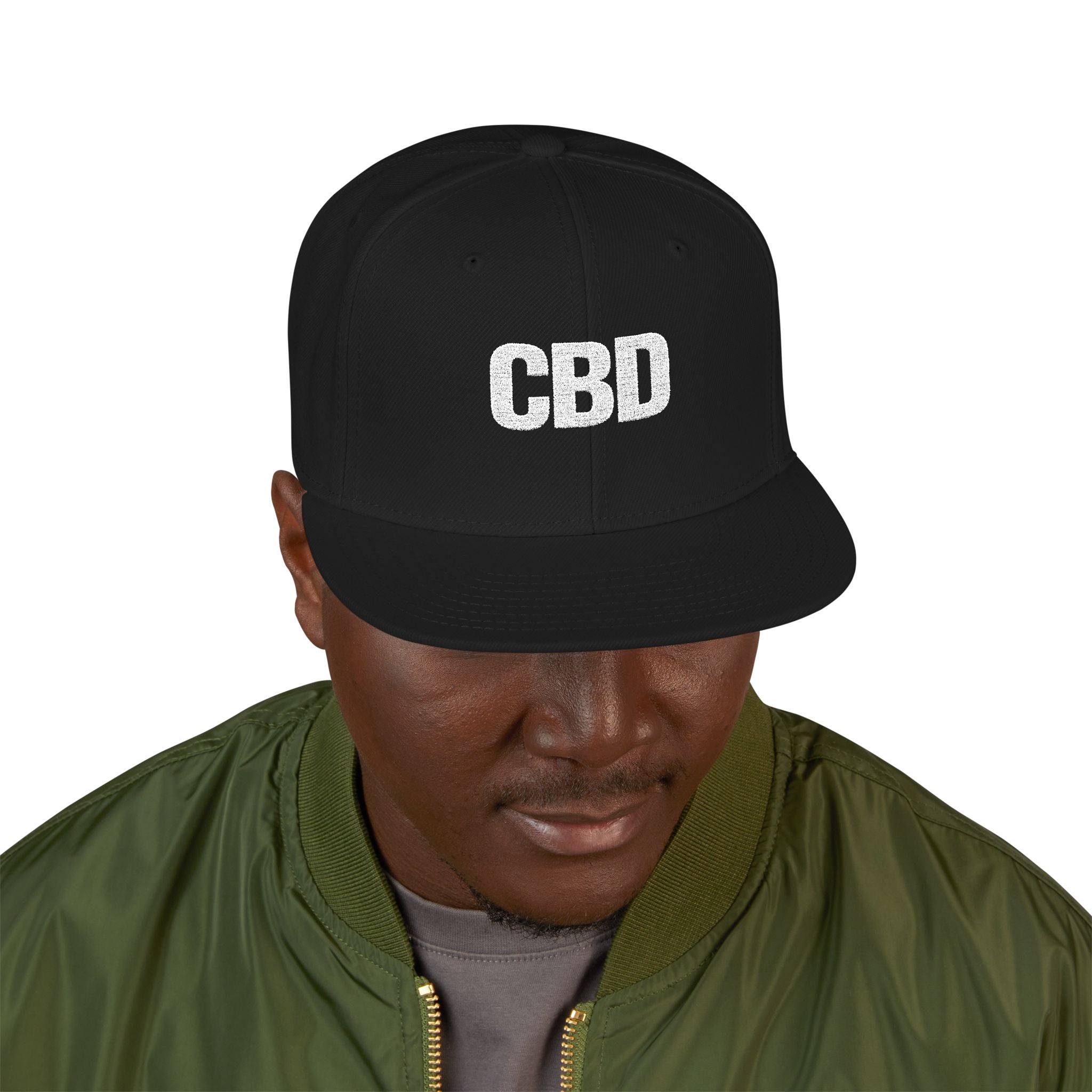 CBD White Embroidered Black Snapback Hat